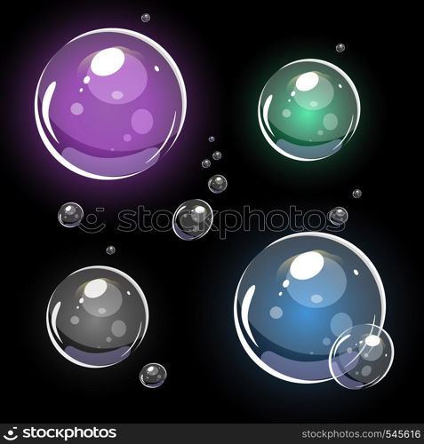 Set of vector bubbles. Cartoon transparent semi realistic water and soap bubbles isolated on black background.. Transparent Soap bubbles. 3D colorful vector. Isolated on black.