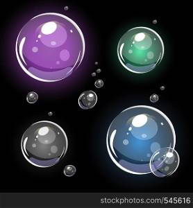 Set of vector bubbles. Cartoon transparent semi realistic water and soap bubbles isolated on black background.. Transparent Soap bubbles. 3D colorful vector. Isolated on black.