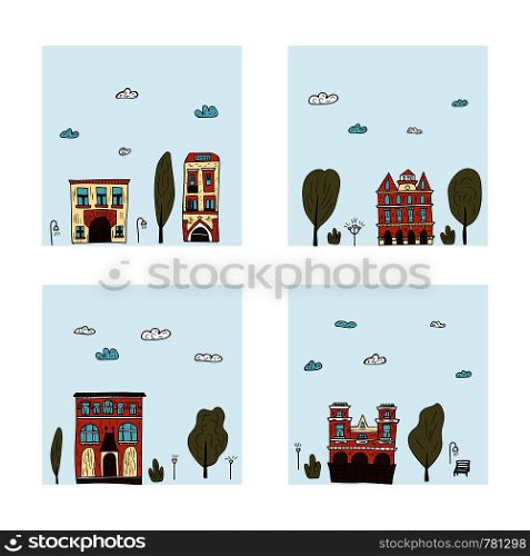 Set of vector cards of houses, trees and clouds. Square compositions in doodle style.