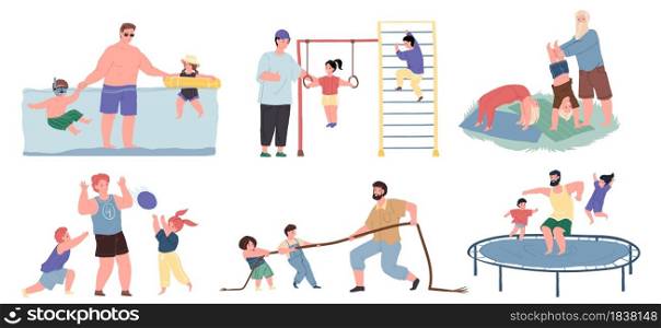 Set of vector cartoon dad and kids characters doing sports together,they swim in pool,play ball,tug-of-war,do gymnastics,jump on trampoline-sporty healthy family relationships concept,web site design. Flat cartoon dad and kids characters doing sports together,vector illustration concept