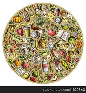 Set of vector cartoon doodle Diet food objects collected in a circle. Dietic subjects collection. Set of vector cartoon doodle Diet food objects collected in a circle