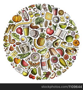 Set of vector cartoon doodle Diet food objects collected in a circle. Dietic subjects collection. Set of vector cartoon doodle Diet food objects collected in a circle