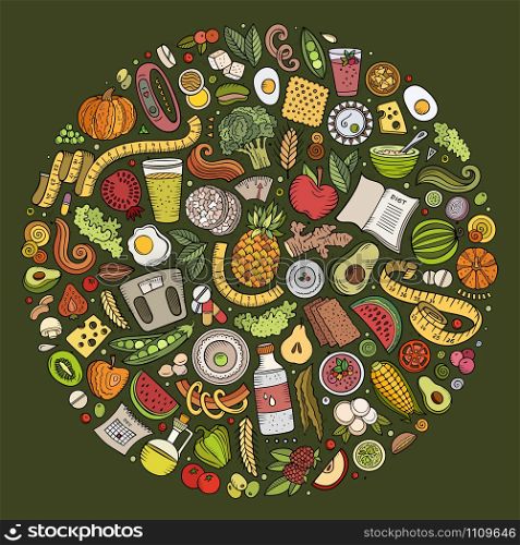 Set of vector cartoon doodle Diet food objects collected in a circle. Dietic subjects collection. Set of vector cartoon doodle Diet food objects collected in a circle