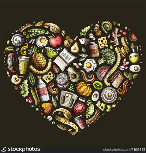 Set of vector cartoon doodle Diet food objects collected in a heart. Dietic subjects collection. Set of vector cartoon doodle Diet food objects collected in a heart