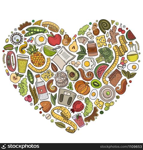 Set of vector cartoon doodle Diet food objects collected in a heart. Dietic subjects collection. Set of vector cartoon doodle Diet food objects collected in a heart