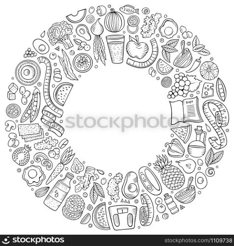 Set of vector cartoon doodle Diet food objects collected in a round border. Set of vector cartoon doodle Diet food objects