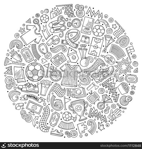 Set of vector cartoon doodle Football objects collected in a circle. Soccer subjects collection. Set of vector cartoon doodle Football objects collected in a circle