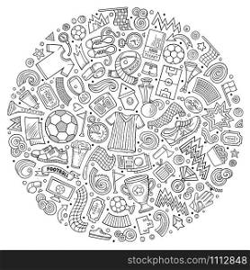 Set of vector cartoon doodle Football objects collected in a circle. Soccer subjects collection. Set of vector cartoon doodle Football objects collected in a circle
