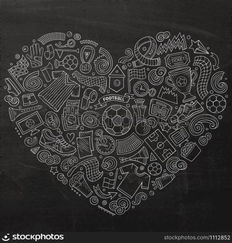 Set of vector cartoon doodle Football objects collected in a heart. Soccer subjects collection. Set of vector cartoon doodle Football objects collected in a heart