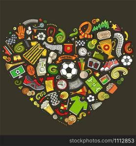 Set of vector cartoon doodle Football objects collected in a heart. Soccer subjects collection. Set of vector cartoon doodle Football objects collected in a heart
