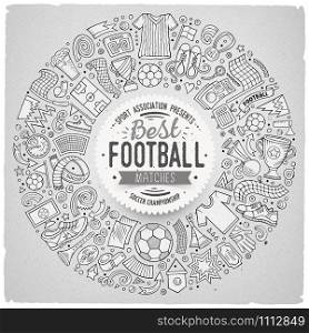 Set of vector cartoon doodle Football objects collected in a round border. Set of vector cartoon doodle Football objects