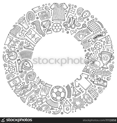 Set of vector cartoon doodle Football objects collected in a round border. Set of vector cartoon doodle Football objects