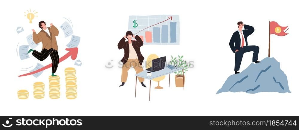 Set of vector cartoon flat characters in joyful mood,happy about big money profit-profitable trading,monetary success and financial goals achievment metaphor concept,web site banner ad design. Flat cartoon characters in happy mood due to money income set,vector illustration concept