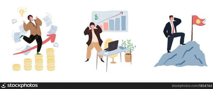 Set of vector cartoon flat characters in joyful mood,happy about big money profit-profitable trading,monetary success and financial goals achievment metaphor concept,web site banner ad design. Flat cartoon characters in happy mood due to money income set,vector illustration concept