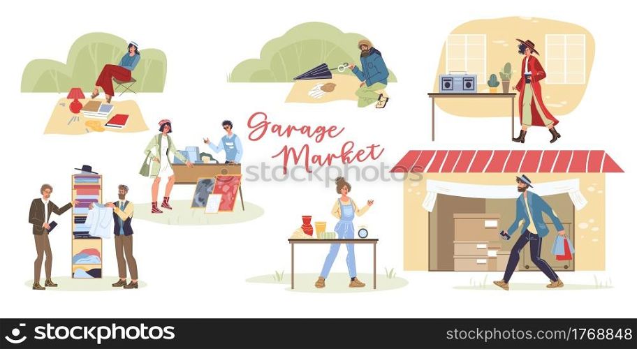Set of vector cartoon flat characters outdoor shopping-various poses,emotions and goods,garage sales concept. Flat cartoon characters set vector illustration concept