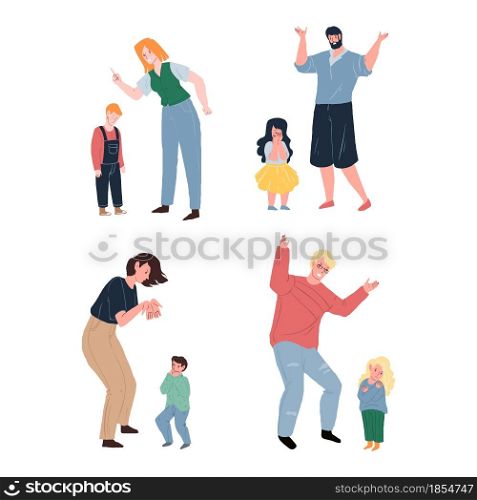 Set of vector cartoon flat parent character swears,yells at upset crying child.Healthy family relationships,emotions,social behavior,conflict resolution psychology concept,web site banner ad design. Flat cartoon parent and child characters in domestic quarrel,family conflict scene vector illustration concept