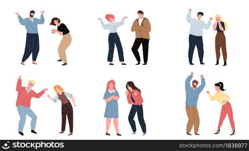 Set of vector cartoon flat quareling couple of characters in various aggressive moods,different persons and poses.Communication,anger management and social behavior concept,web site banner ad design. Flat cartoon quarreling characters set in aggressive mood,conflict scene vector illustration concept