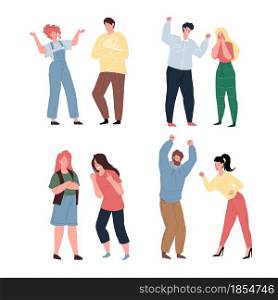 Set of vector cartoon flat quareling couple of characters in various aggressive moods,different persons and poses.Communication,anger management and social behavior concept,web site banner ad design. Flat cartoon quarreling characters set in aggressive mood,conflict scene vector illustration concept