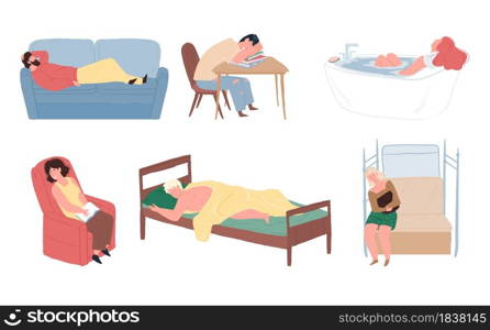 Set of vector cartoon flat tired characters who fall asleep while reading,taking bath,traveling,in bed and on couch-healthy lifestyle,human physiology,sleep health concept,web site banner ad design. Flat cartoon characters sleeping in different places,vector illustration concept