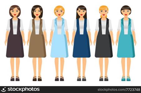 Set of vector chartoon characters. Dresscode of businesswoman. Woman wearing different clothes turquoise jacket and grey skirt, dress. Stylish business lady in blouse and skirt. Business person style. Set of businesswomen wearing stylish different clothes, haircuts, accessories, shoes, dresscode