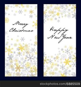 Set of vector christmas . New Year banners. Set of vector christmas and New Year vertical banners 2018. Silver and golden snowflakes on white background