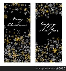 Set of vector christmas / New Year banners. Set of vector christmas and New Year vertical banners 2018. Silver and golden snowflakes on black background
