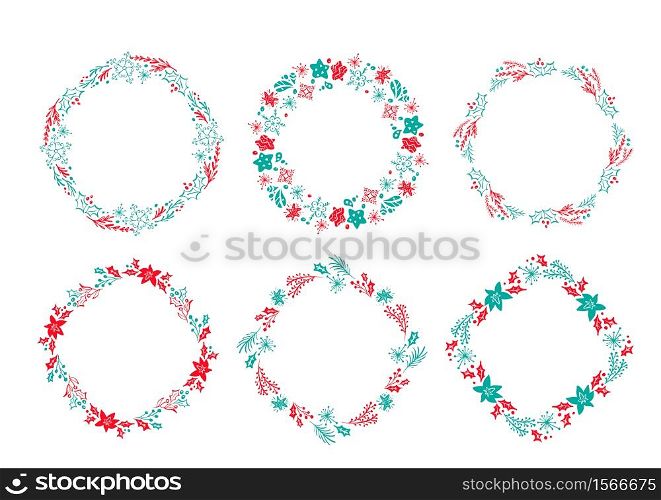 Set of vector Christmas Scandinavian Hand Drawn wreath red and blue Floral Winter Design Elements isolated on white background for retro design flourish. calligraphy and lettering illustration.. Set of vector Christmas Scandinavian Hand Drawn wreath red and blue Floral Winter Design Elements isolated on white background for retro design flourish. calligraphy and lettering illustration