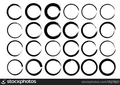 Set of vector circles with irregular stroke. Round brushstroke Different thicknesses and stroke style. Isolated figure. Grunge style.