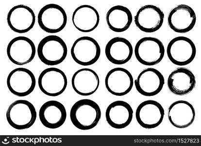 Set of vector circles with irregular stroke. Round brushstroke Different thicknesses and stroke style. Isolated figure. Grunge style.