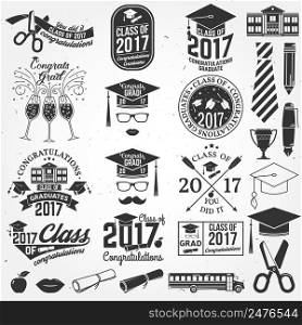 Set of Vector Class of 2017 badges and design elements. . Concept for shirt, print, seal, overlay or st&, greeting, invitation card. Graduation design with hut and text Class of.. Vector Class of 2017 badge.
