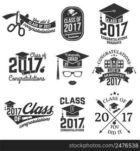 Set of Vector Class of 2017 badges. Concept for shirt, print, seal, overlay or st&, greeting, invitation card. Typography design- stock vector. Graduation design with hut and text Class of.. Vector Class of 2017 badge.