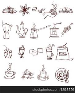 Set of vector coffee icons isolated on white background. Hand drawing doodle style coffee illustration elements for your buisness. Food and drink concept. Stock illustration