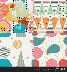 Set of vector color seamless patterns in the Memphis style. Abstraction texture for design and wallpaper. Stock vector illustration