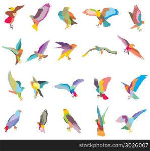 Set of vector colorful mosaic cut out flying and sitting silhouettes of eagle, hawk isolated on white background