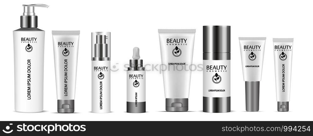 Set of vector cosmetic bottle blank templates, plastic containers: bottles with spray, dispenser and dropper, cream tube. Realistic 3d mock-up of cosmetics package.. Cosmetic bottle blank template, plastic container