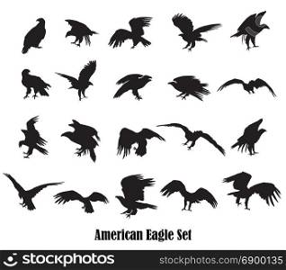Set of vector cut out flying and sitting silhouettes of american eagle (white-tailed eagle, bald eagle) in black color on white background