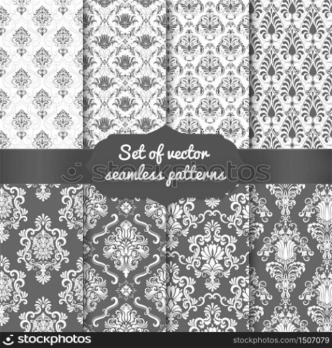 Set of vector damask seamless pattern backgrounds. Classical luxury old fashioned damask ornament, royal victorian seamless texture for wallpapers, textile, wrapping. Exquisite floral baroque template