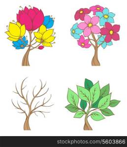 Set of vector decorative trees with flowers and leaves