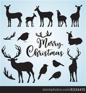 Set of vector deers and birds silhouettes. Winter Christmas design kit