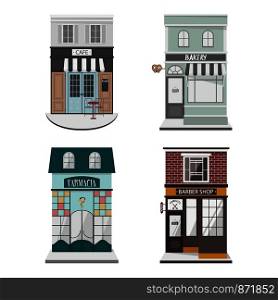 Set of vector detailed design building facade in flat style. Cafe, Barber shop, Bakery,Farmacy. Isolated vector illustration.. Set of vector detailed design building facade in flat style. Cafe, Barber shop, Bakery,Farmacy. Isolated vector illustration
