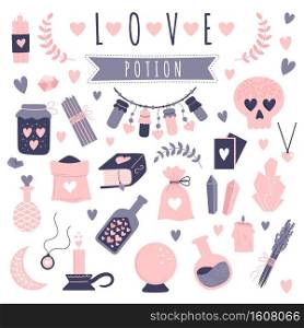 Set of vector doodle elements. Magic objects on a white background. Occultism, witchcraft, love potion, love spell. Hand-drawn vector illustration.