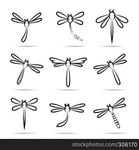 Set of vector dragonfly icons on white background