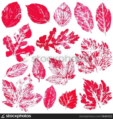 Set of vector drawings with acrylic paints. Collection of autumn leaves in red. Two-color print, imprint. Good for autumn design of banners, flyers, advertising. Set of vector drawings. Good for autumn design