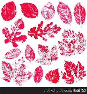 Set of vector drawings with acrylic paints. Collection of autumn leaves in red. Two-color print, imprint. Good for autumn design of banners, flyers, advertising. Set of vector drawings. Good for autumn design