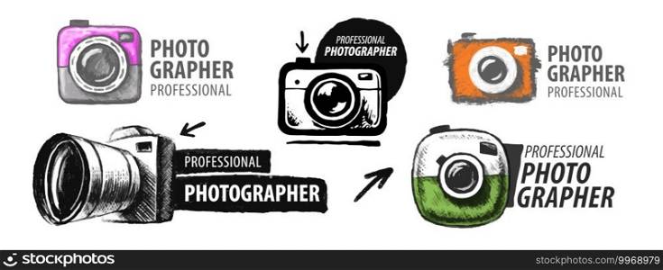 Set of vector drawn logos for professional photographer.. Set of vector drawn logos for professional photographer