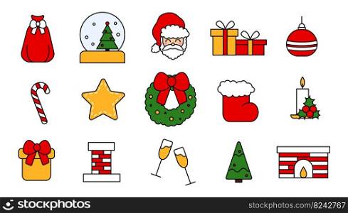 Set of vector elements for the celebration of Christmas. Collection of editable Christmas and New Year icons in flat style. Vintage traditional stickers in red, yellow and green. Vector illustration. Set of vector elements for the celebration of Christmas. Collection of editable Christmas and New Year icons in flat style. Vintage traditional stickers in red, yellow and green. Vector illustration.