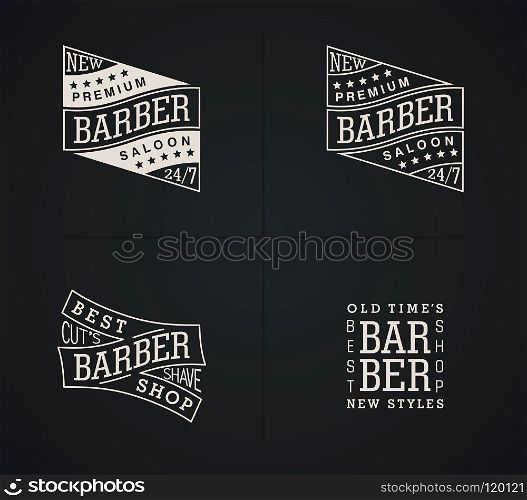 Set of vector emblems Barber Shop in vintage style. Modern linear minimalism.
 Design for Logos, Stamp, Badges, Signboard, t-shirts and others.. Bundle of four retro emblems for Barber Shop