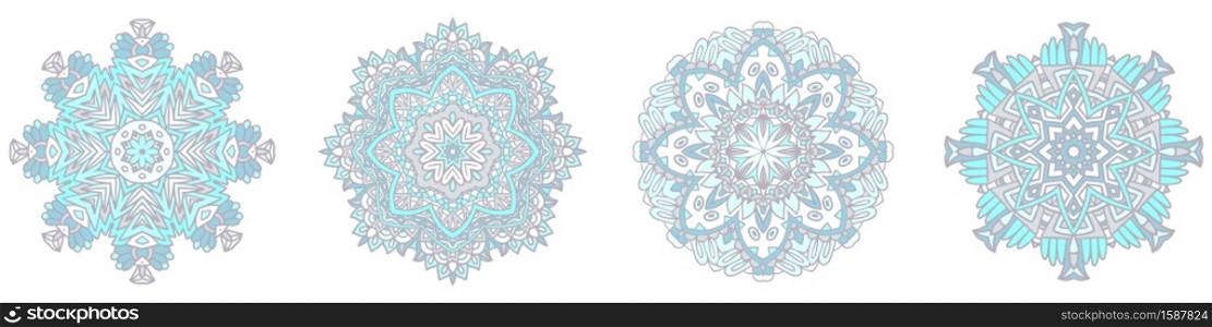 Set of vector filigree mandala designs. Winter snowflakes decoration. Snowflake star lace decoration vector pattern