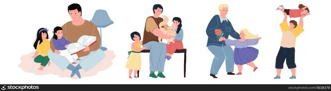 Set of vector flat cartoon dad and children characters happily spend time together-reading,dancing,petting cat,having fun-happy childhood,healthy family relationships concept,web site banner design. Flat cartoon happy family characters in everyday life scenes,vector illustration concept