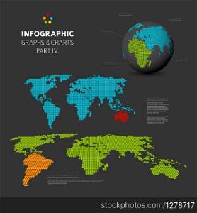 Set of vector flat design infographics charts - world map visualization - part 4 of my infographic bundle, dark version